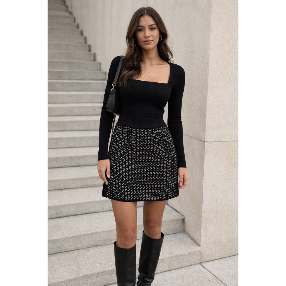 Rag and Bone Knit Eyelet Skirt Womens XS Black White Textured Stretch luxury